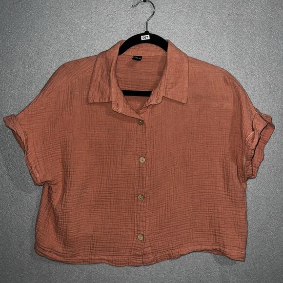 Shein Top Women's Large Orange Rust Cropped Collard Boxy Fit Boho Textured - Picture 1 of 3
